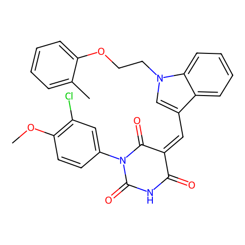 (5Z)-1-(3-chloro-4-methoxyphenyl)-5-({1-[2-(2-methylphenoxy)ethyl]-1H-indol-3-yl}methylidene)pyrimidine-2,4,6(1H,3H,5H)-trione structure