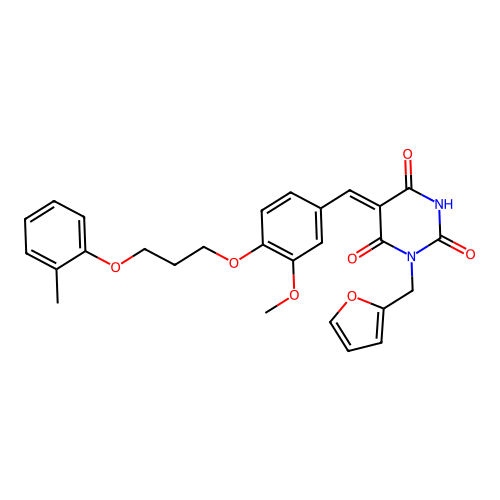 (5Z)-1-(furan-2-ylmethyl)-5-[[3-methoxy-4-[3-(2-methylphenoxy)propoxy]phenyl]methylidene]-1,3-diazinane-2,4,6-trione structure
