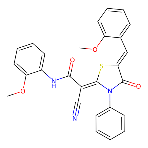 (Z)-2-cyano-2-((Z)-5-(2-methoxybenzylidene)-4-oxo-3-phenylthiazolidin-2-ylidene)-N-(2-methoxyphenyl)acetamide structure