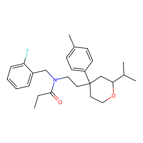 N-(2-fluorobenzyl)-N-{2-[2-isopropyl-4-(4-tolyl)-tetrahydropyran-4-yl]ethyl}propionamide structure