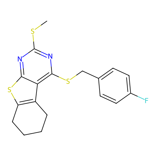 4-((4-fluorobenzyl)thio)-2-(methylthio)-5,6,7,8-tetrahydrobenzo[4,5]thieno[2,3-d]pyrimidine structure