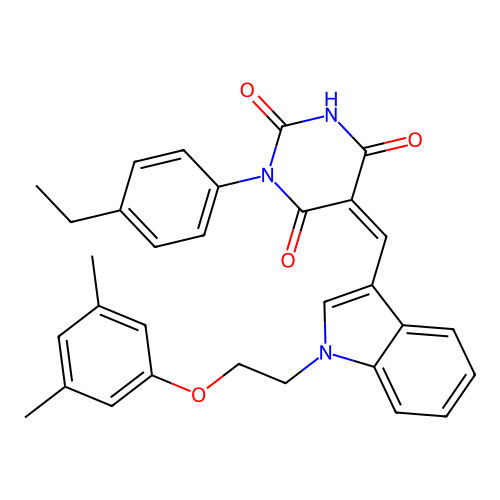 (5Z)-5-({1-[2-(3,5-dimethylphenoxy)ethyl]-1H-indol-3-yl}methylidene)-1-(4-ethylphenyl)pyrimidine-2,4,6(1H,3H,5H)-trione structure
