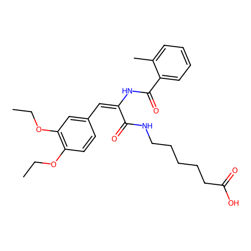 (E)-6-(3-(3,4-diethoxyphenyl)-2-(2-methylbenzamido)acrylamido)hexanoic acid structure