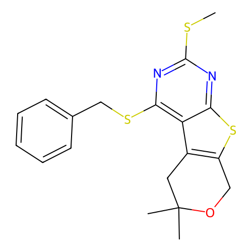4-(benzylsulfanyl)-6,6-dimethyl-2-(methylsulfanyl)-5,8-dihydro-6H-pyrano[4',3':4,5]thieno[2,3-d]pyrimidine structure