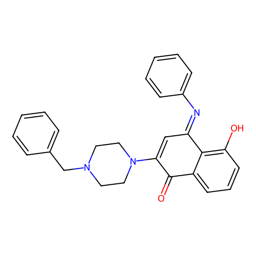 (E)-2-(4-benzylpiperazin-1-yl)-5-hydroxy-4-(phenylimino)naphthalen-1(4H)-one structure