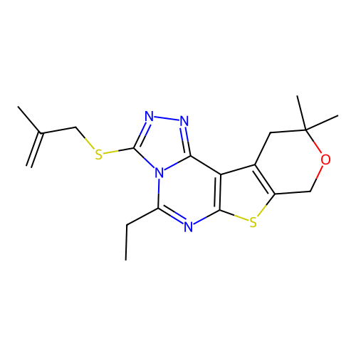 5-ethyl-10,10-dimethyl-3-((2-methylallyl)thio)-10,11-dihydro-8H-pyrano[4',3':4,5]thieno[3,2-e][1,2,4]triazolo[4,3-c]pyrimidine structure