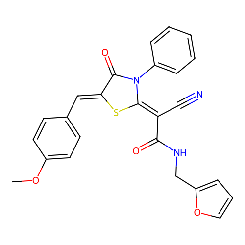 (Z)-2-cyano-N-(furan-2-ylmethyl)-2-((Z)-5-(4-methoxybenzylidene)-4-oxo-3-phenylthiazolidin-2-ylidene)acetamide structure