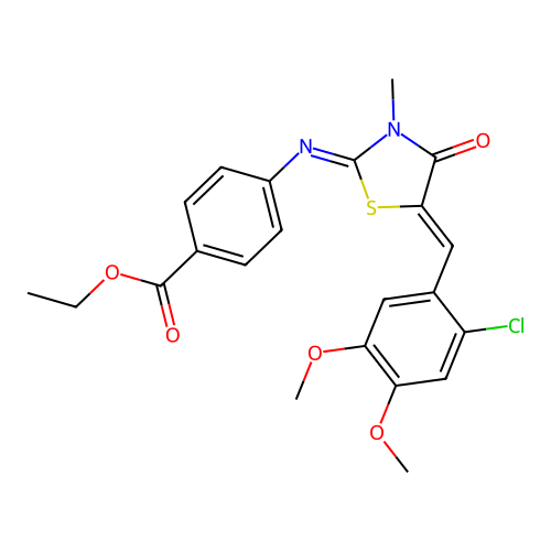 ethyl 4-((E)-((Z)-5-(2-chloro-4,5-dimethoxybenzylidene)-3-methyl-4-oxothiazolidin-2-ylidene)amino)benzoate structure