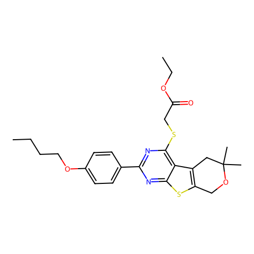 ethyl {[2-(4-butoxyphenyl)-6,6-dimethyl-5,8-dihydro-6H-pyrano[4',3':4,5]thieno[2,3-d]pyrimidin-4-yl]sulfanyl}acetate structure