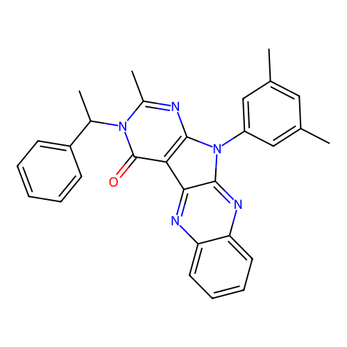 11-(3,5-dimethylphenyl)-2-methyl-3-(1-phenylethyl)-3H-pyrimido[5',4':4,5]pyrrolo[2,3-b]quinoxalin-4(11H)-one structure