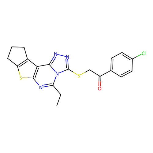 1-(4-chlorophenyl)-2-((5-ethyl-9,10-dihydro-8H-cyclopenta[4,5]thieno[3,2-e][1,2,4]triazolo[4,3-c]pyrimidin-3-yl)thio)ethanone structure