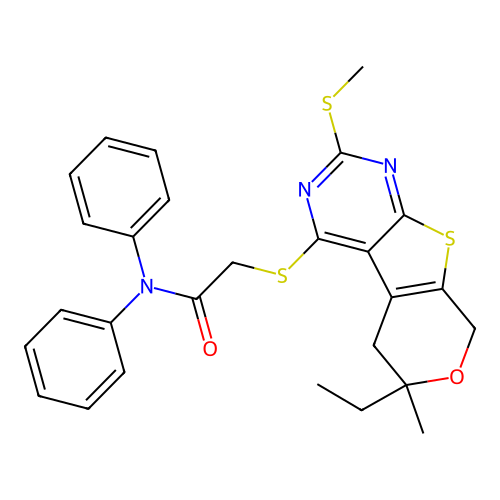 2-((6-ethyl-6-methyl-2-(methylthio)-6,8-dihydro-5H-pyrano[4',3':4,5]thieno[2,3-d]pyrimidin-4-yl)thio)-N,N-diphenylacetamide structure