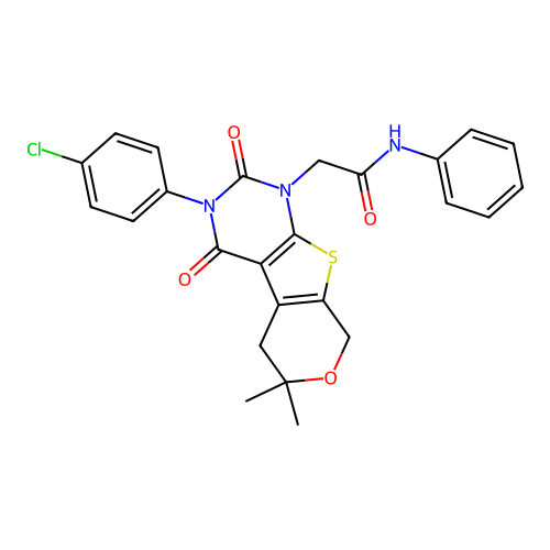 2-(3-(4-chlorophenyl)-6,6-dimethyl-2,4-dioxo-2,3,4,5,6,8-hexahydro-1H-pyrano[4',3':4,5]thieno[2,3-d]pyrimidin-1-yl)-N-phenylacetamide structure