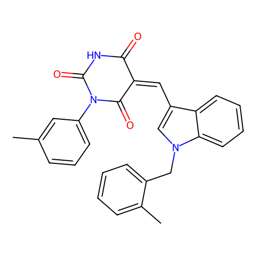 (5Z)-1-(3-methylphenyl)-5-[[1-[(2-methylphenyl)methyl]indol-3-yl]methylidene]-1,3-diazinane-2,4,6-trione structure