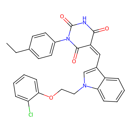 (5Z)-5-({1-[2-(2-chlorophenoxy)ethyl]-1H-indol-3-yl}methylidene)-1-(4-ethylphenyl)pyrimidine-2,4,6(1H,3H,5H)-trione structure