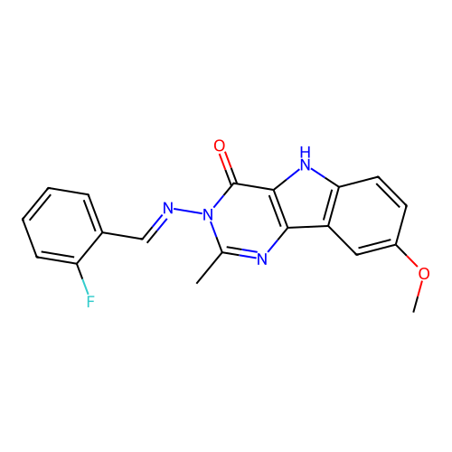 (E)-3-((2-fluorobenzylidene)amino)-8-methoxy-2-methyl-3H-pyrimido[5,4-b]indol-4(5H)-one structure
