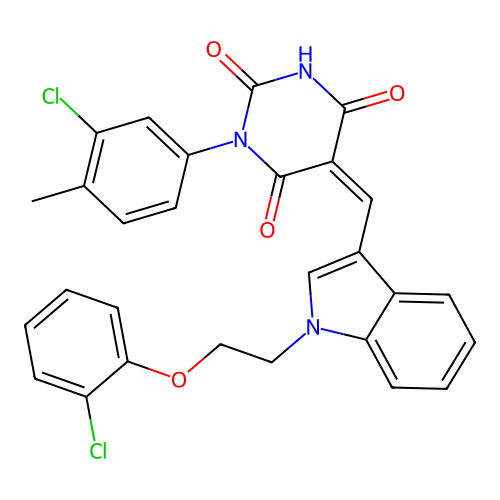 (5Z)-1-(3-chloro-4-methylphenyl)-5-({1-[2-(2-chlorophenoxy)ethyl]-1H-indol-3-yl}methylidene)pyrimidine-2,4,6(1H,3H,5H)-trione structure