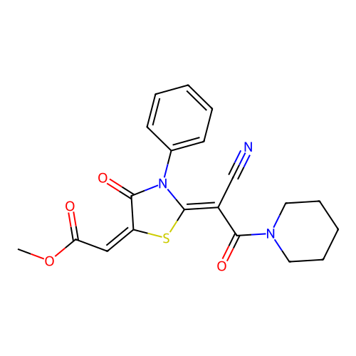 (E)-methyl 2-((Z)-2-(1-cyano-2-oxo-2-(piperidin-1-yl)ethylidene)-4-oxo-3-phenylthiazolidin-5-ylidene)acetate structure
