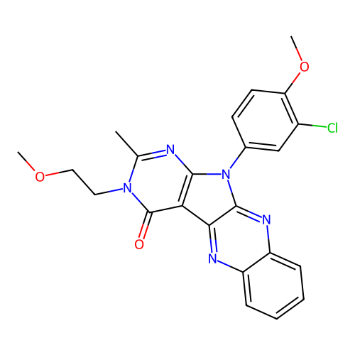 11-(3-chloro-4-methoxyphenyl)-3-(2-methoxyethyl)-2-methyl-3H-pyrimido[5',4':4,5]pyrrolo[2,3-b]quinoxalin-4(11H)-one structure