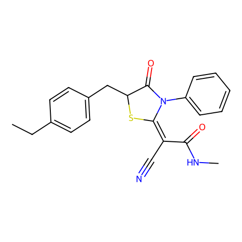 (E)-2-cyano-2-(5-(4-ethylbenzyl)-4-oxo-3-phenylthiazolidin-2-ylidene)-N-methylacetamide structure