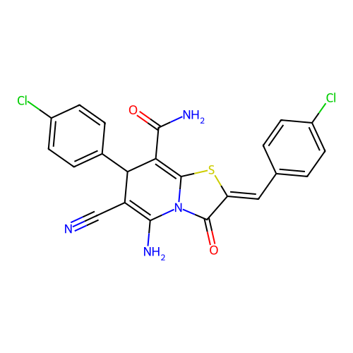 (2Z)-5-amino-2-(4-chlorobenzylidene)-7-(4-chlorophenyl)-6-cyano-3-oxo-2,3-dihydro-7H-[1,3]thiazolo[3,2-a]pyridine-8-carboxamide structure