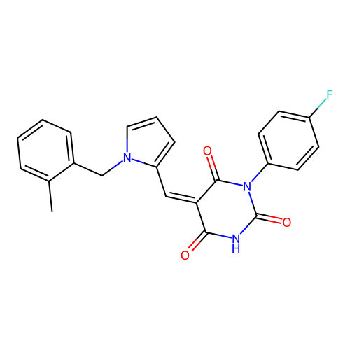 (Z)-1-(4-fluorophenyl)-5-((1-(2-methylbenzyl)-1H-pyrrol-2-yl)methylene)pyrimidine-2,4,6(1H,3H,5H)-trione structure