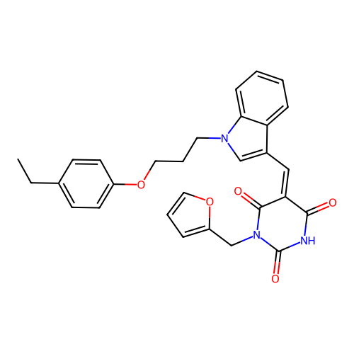 (Z)-5-((1-(3-(4-ethylphenoxy)propyl)-1H-indol-3-yl)methylene)-1-(furan-2-ylmethyl)pyrimidine-2,4,6(1H,3H,5H)-trione structure