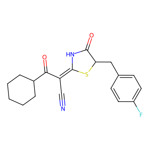 (E)-3-cyclohexyl-2-(5-(4-fluorobenzyl)-4-oxothiazolidin-2-ylidene)-3-oxopropanenitrile structure