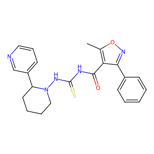 5-methyl-3-phenyl-N-((2-(pyridin-3-yl)piperidin-1-yl)carbamothioyl)isoxazole-4-carboxamide structure