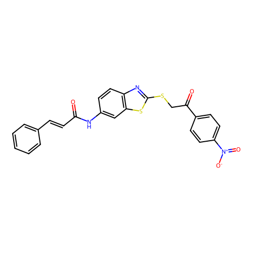 (2E)-N-(2-{[2-(4-nitrophenyl)-2-oxoethyl]sulfanyl}-1,3-benzothiazol-6-yl)-3-phenylprop-2-enamide structure