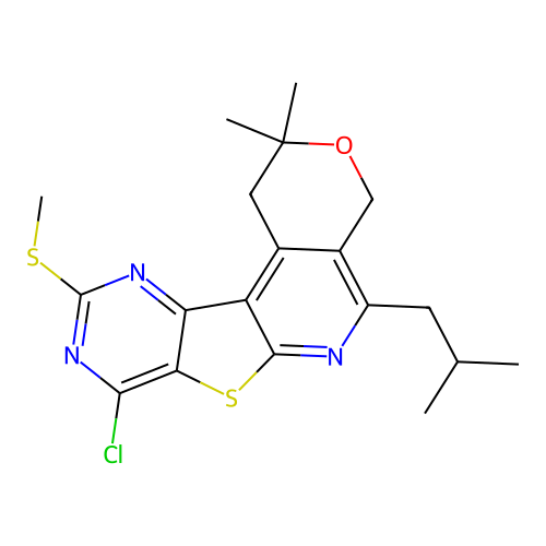 8-chloro-2,2-dimethyl-5-(2-methylpropyl)-10-(methylsulfanyl)-1,4-dihydro-2H-pyrano[4'',3'':4',5']pyrido[3',2':4,5]thieno[3,2-d]pyrimidine structure