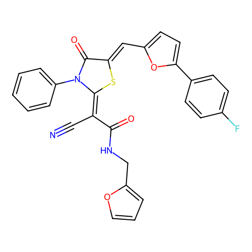 (2Z)-2-cyano-2-[(5Z)-5-[[5-(4-fluorophenyl)furan-2-yl]methylidene]-4-oxo-3-phenyl-1,3-thiazolidin-2-ylidene]-N-(furan-2-ylmethyl)acetamide structure
