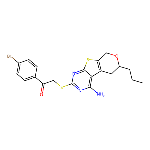2-((4-amino-6-propyl-6,8-dihydro-5H-pyrano[4',3':4,5]thieno[2,3-d]pyrimidin-2-yl)thio)-1-(4-bromophenyl)ethanone structure