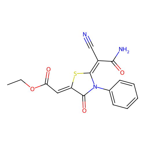(Z)-ethyl 2-((E)-2-(2-amino-1-cyano-2-oxoethylidene)-4-oxo-3-phenylthiazolidin-5-ylidene)acetate structure