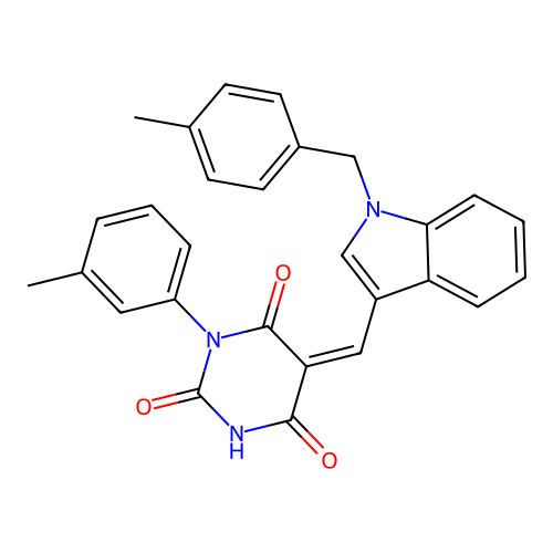 (Z)-5-((1-(4-methylbenzyl)-1H-indol-3-yl)methylene)-1-(m-tolyl)pyrimidine-2,4,6(1H,3H,5H)-trione structure