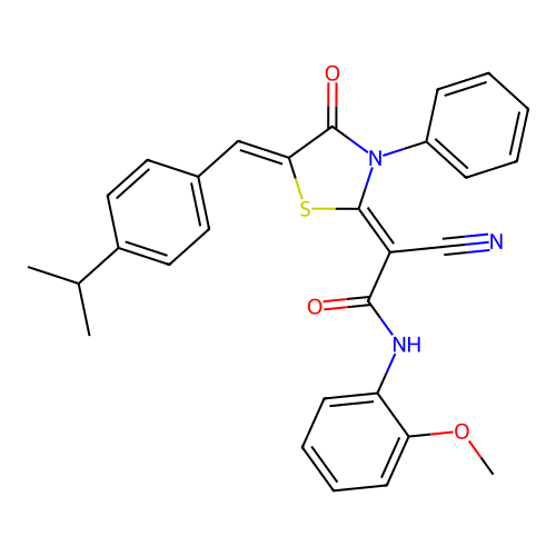 (Z)-2-cyano-2-((Z)-5-(4-isopropylbenzylidene)-4-oxo-3-phenylthiazolidin-2-ylidene)-N-(2-methoxyphenyl)acetamide structure