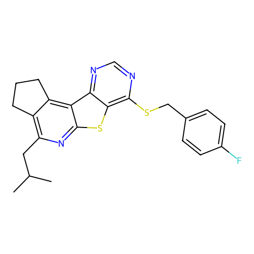 7-((4-fluorobenzyl)thio)-4-isobutyl-2,3-dihydro-1H-cyclopenta[4',5']pyrido[3',2':4,5]thieno[3,2-d]pyrimidine structure