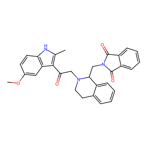 2-((2-(2-(5-methoxy-2-methyl-1H-indol-3-yl)-2-oxoethyl)-1,2,3,4-tetrahydroisoquinolin-1-yl)methyl)isoindoline-1,3-dione structure