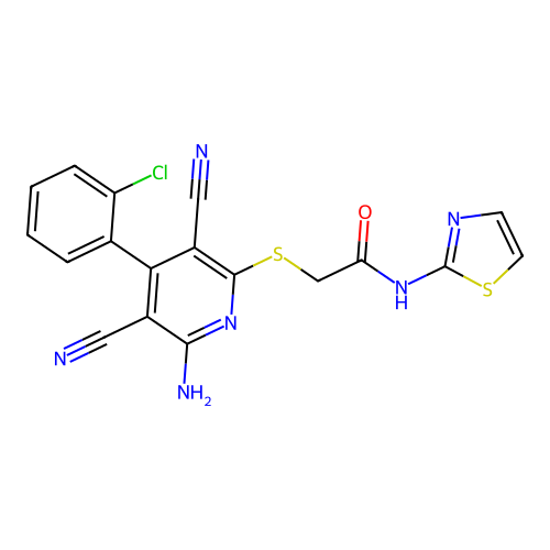 2-((6-amino-4-(2-chlorophenyl)-3,5-dicyanopyridin-2-yl)thio)-N-(thiazol-2-yl)acetamide structure