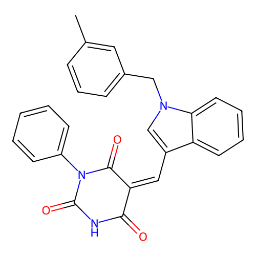 (Z)-5-((1-(3-methylbenzyl)-1H-indol-3-yl)methylene)-1-phenylpyrimidine-2,4,6(1H,3H,5H)-trione structure