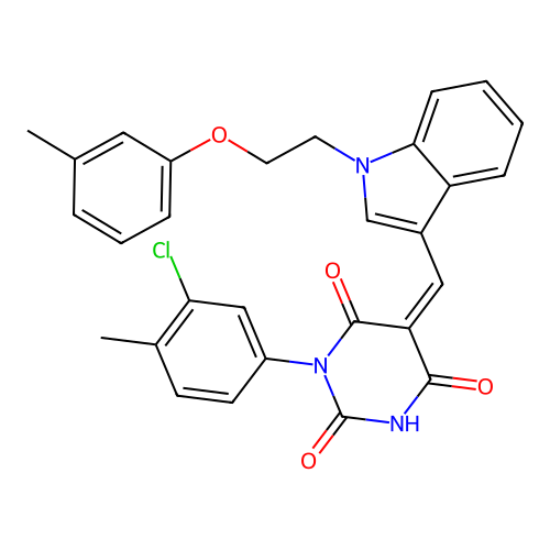 (5Z)-1-(3-chloro-4-methylphenyl)-5-({1-[2-(3-methylphenoxy)ethyl]-1H-indol-3-yl}methylidene)pyrimidine-2,4,6(1H,3H,5H)-trione structure
