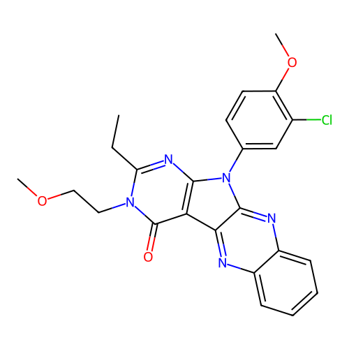 11-(3-chloro-4-methoxyphenyl)-2-ethyl-3-(2-methoxyethyl)-3H-pyrimido[5',4':4,5]pyrrolo[2,3-b]quinoxalin-4(11H)-one structure