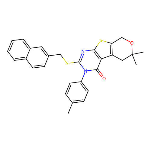 6,6-dimethyl-2-((naphthalen-2-ylmethyl)thio)-3-(p-tolyl)-5,6-dihydro-3H-pyrano[4',3':4,5]thieno[2,3-d]pyrimidin-4(8H)-one structure