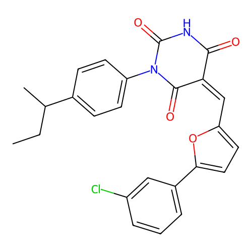 (5Z)-1-(4-butan-2-ylphenyl)-5-[[5-(3-chlorophenyl)furan-2-yl]methylidene]-1,3-diazinane-2,4,6-trione structure