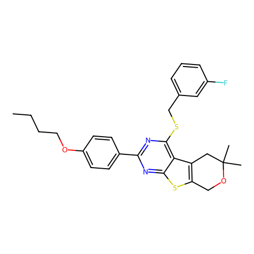 2-(4-butoxyphenyl)-4-((3-fluorobenzyl)thio)-6,6-dimethyl-6,8-dihydro-5H-pyrano[4',3':4,5]thieno[2,3-d]pyrimidine structure