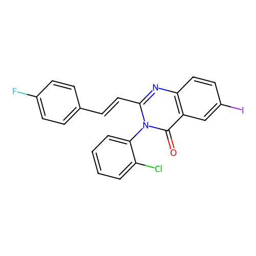 (E)-3-(2-chlorophenyl)-2-(4-fluorostyryl)-6-iodoquinazolin-4(3H)-one structure