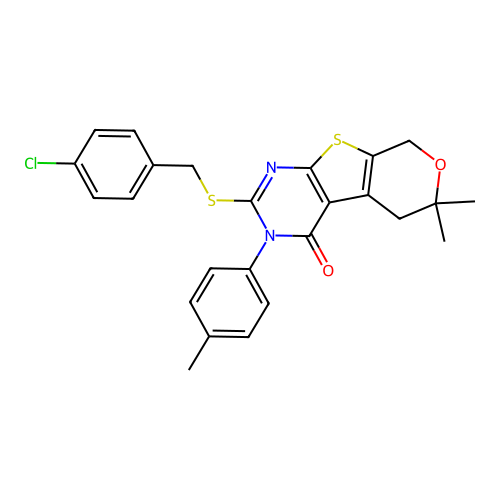 2-((4-chlorobenzyl)thio)-6,6-dimethyl-3-(p-tolyl)-5,6-dihydro-3H-pyrano[4',3':4,5]thieno[2,3-d]pyrimidin-4(8H)-one structure