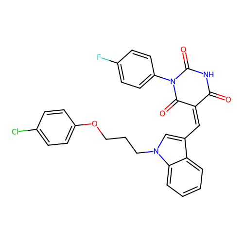 (5Z)-5-({1-[3-(4-chlorophenoxy)propyl]-1H-indol-3-yl}methylidene)-1-(4-fluorophenyl)pyrimidine-2,4,6(1H,3H,5H)-trione structure