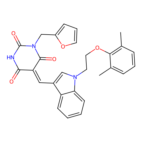 (Z)-5-((1-(2-(2,6-dimethylphenoxy)ethyl)-1H-indol-3-yl)methylene)-1-(furan-2-ylmethyl)pyrimidine-2,4,6(1H,3H,5H)-trione structure