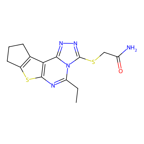 2-((5-ethyl-9,10-dihydro-8H-cyclopenta[4,5]thieno[3,2-e][1,2,4]triazolo[4,3-c]pyrimidin-3-yl)thio)acetamide structure